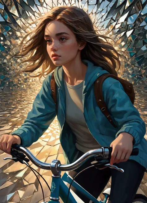 1 girl riding a bicycle, A mosaic of shattered mirrors reflects fractured identities, exploring the complexities of self-perception.