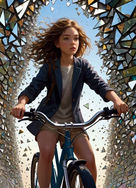 1 girl riding a bicycle, A mosaic of shattered mirrors reflects fractured identities, exploring the complexities of self-perception.