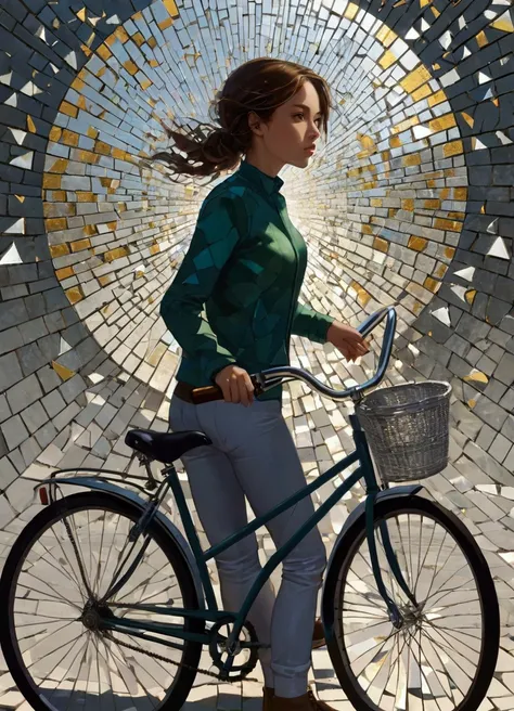 1 girl riding a bicycle, A mosaic of shattered mirrors reflects fractured identities, exploring the complexities of self-perception.