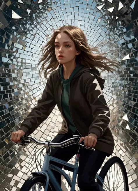 1 girl riding a bicycle, A mosaic of shattered mirrors reflects fractured identities, exploring the complexities of self-perception.