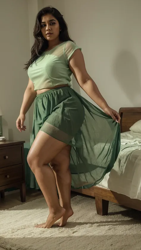 Day scene, A 25 year old beautiful South Indian plus sized light green colour chiffon short skirt and black colour chiffon  shirt wearing women in bed room, full body image, photo taken from distance 