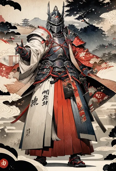 fusion of watercolors and oil paintings, fusion of paper cutting and shadow puppetry, mix of Japanese painting, ukiyo-e and woodblock prints, mix of monochrome and color, conceptual installation art, cool (helmet, armor, armor), samurai, haori and hakama, ...