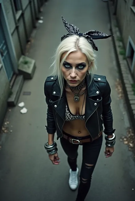 Old russian milf, platinum blonde hair with black parsley bandana, with very light blue eyes, pale, heavy eye shadows. Sad face, smeared make up, runny mascara. Wearing black moto jacket, leopard print bra, black skinny jeans and white tennis sneakers. Lot...