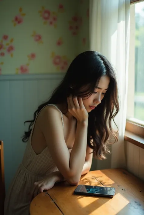 A 20-year-old Japanese woman sits at a table in a cute room with a window. Her side profile shows a sad expression. She is beautiful in every detail. An iPhone is on the table. She looks down. 