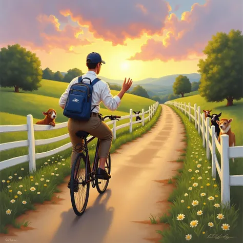 postman delivering by bicycle, good old american landscape painting, somewhat humorous, pastoral,