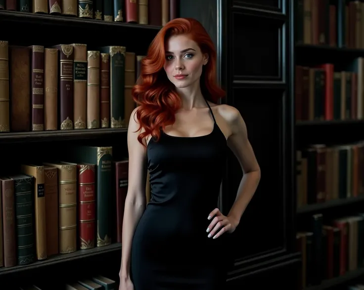 full body photo, beautiful redhead woman, 25 years old, wearing a black pencil dress standing, hourglass figure, Christian Louboutin shoes, choosing books in an old library, ultra realistic photography, studio photography, 32k, ultra quality