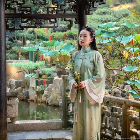 Lin Daiyu stands on a magnificent stone bridge within the Grand View Garden，The golden rays of the setting sun illuminate her sorrowful expression。Beneath the bridge lies a luxurious garden，A garden teeming with exotic plants、Exquisite pavilions and a vast...