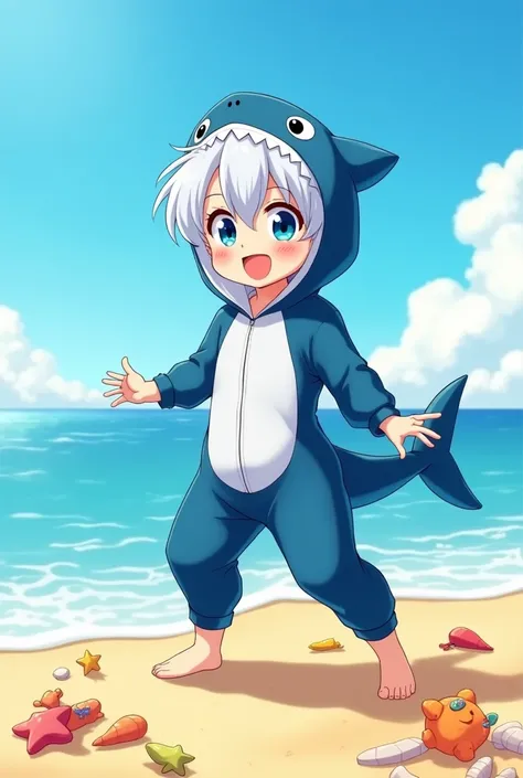 An anime boy without abs in a shark onesie and white hair