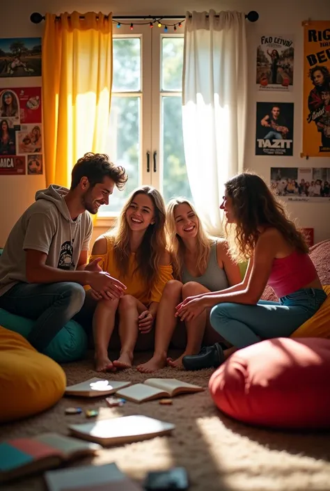 Four friends 2 male and female friends living in hostel room 
