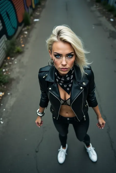 russian woman, platinum blonde hair with black parsley bandana, with very light blue eyes, pale, heavy eye shadows. Sad face, smeared make up, runny mascara. Wearing black moto jacket, leopard print bra, black skinny jeans and white tennis sneakers. Lots o...