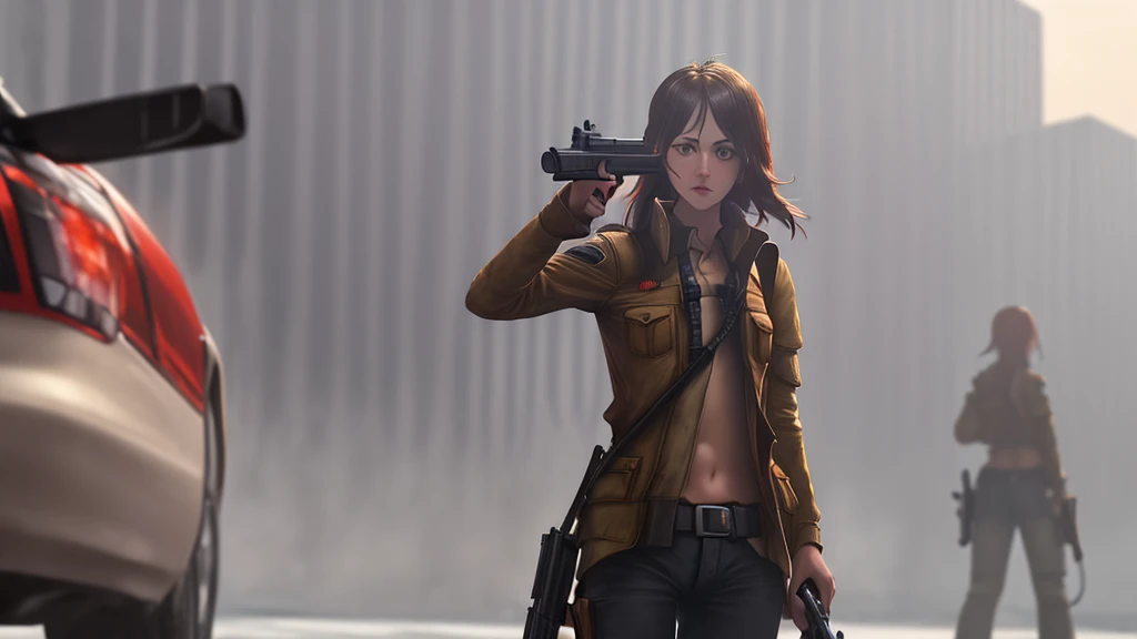 ((Kelly from free fire)) (( standing with gun )) ((looking at car)) (( beautiful car)) (( open world )) (( game graphics))