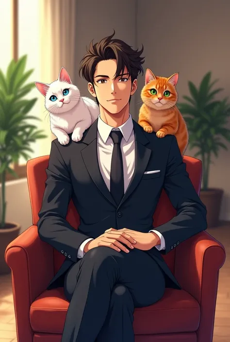 Anime man with suit and cats in his shoulder and sit down on chair 