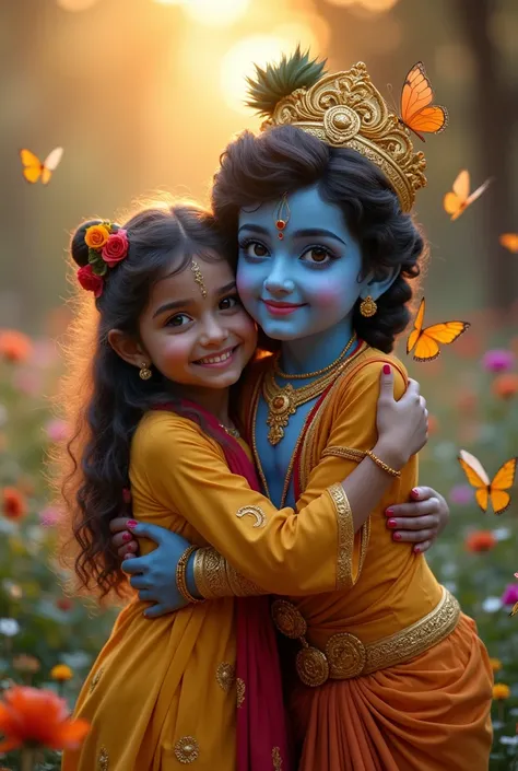 A girl hug lord krishna and her name is  Barsha print her name on her shirt