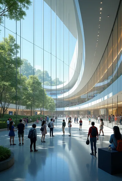 Glass-walled futuristic university campus lecture hall interior seen from afar