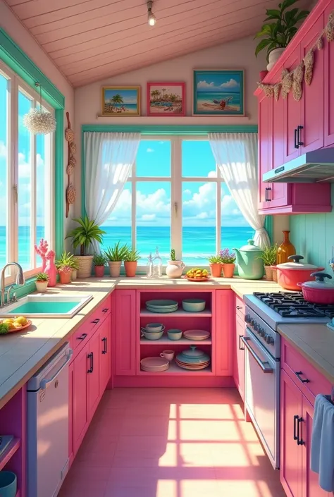 Gyaru kitchen, beach house, litoral, cosy, pink and mint color, big , frame, decoration