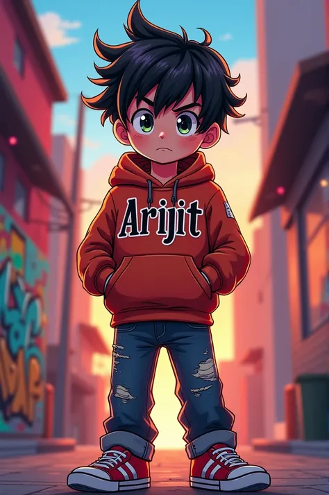 Give me a image of a anime boy who wearing a cloth which is written Arijit 
