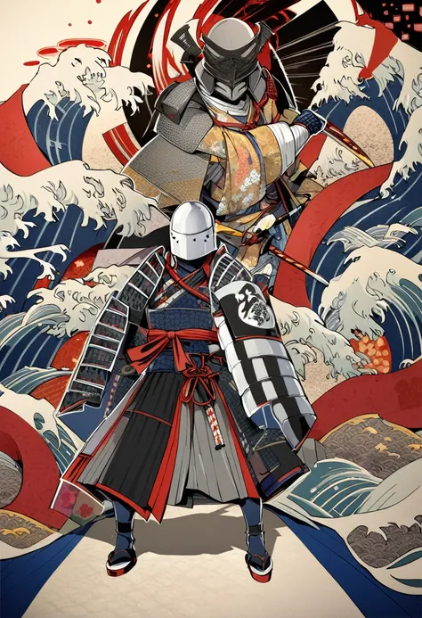 fusion of watercolors and oil paintings, fusion of paper cutting and shadow puppetry, mix of Japanese painting, ukiyo-e and woodblock prints, mix of monochrome and color, conceptual installation art, cool (helmet, armor, armor), samurai, haori and hakama, ...