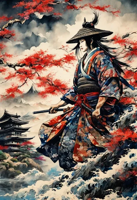 fusion of watercolors and oil paintings, fusion of paper cutting and shadow puppetry, mix of japanese painting, ukiyo-e and wood...