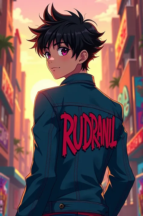 Give me a image of a anime boy who wearing a denim jacket which is written Rudranil 
