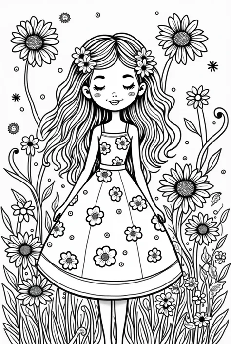 Give me a cute and fantastic lady coloring book pages flowers background no color no grayscale no shadow high details but the design is simple and bold 