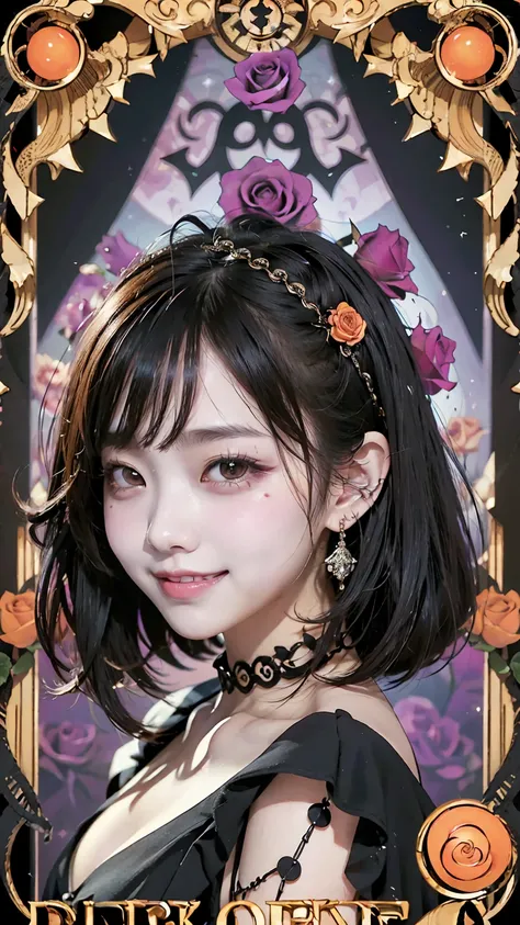 Realistic、masterpiece、Highest quality、Highest quality、Tarot Card Style、Purple rose background、一人のwoman、Devilish image、Upper body photo、Gothic punk costumes、(Black Hair, Long Hair:1.2)、Natural Makeup、Draw lots of eyelashes、Deep orange blush、Grin, Showing te...