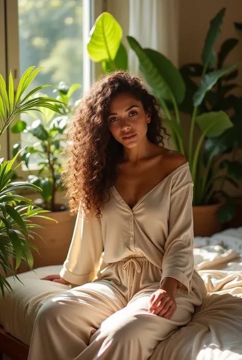 (photorealism:1.2), beautiful woman, sitting on bed, wearing loose off-shoulder top, pajama pants, long curly hair, indoors, soft lighting, plants in background, window with sunlight, cozy room, relaxed pose, realistic, intricate details, warm colors, by G...