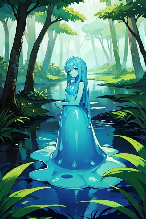 Slime girl (Blue), curious expression, wetland forest background