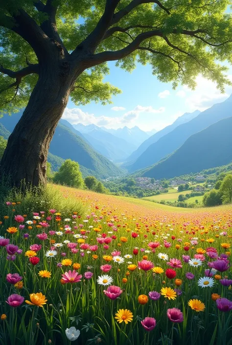 Flower fieldClear sky, view under the tree, look down, there are mountains, in front of the beautiful blooming grassland, bright colors, good weather,Bright colors, beautiful blooming flowers