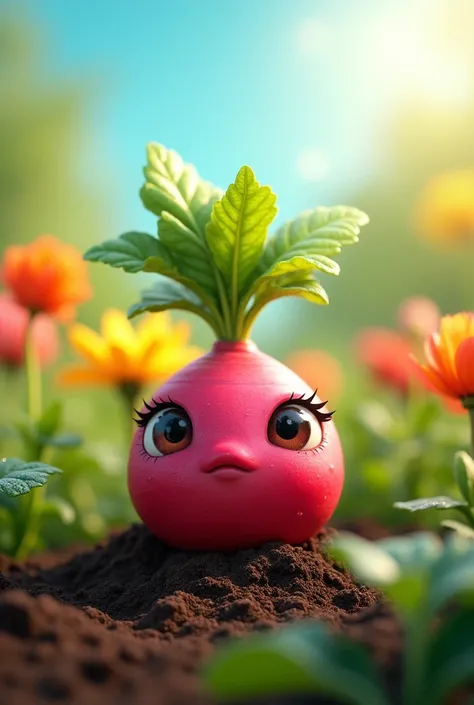 Cute radish with eyes in the garden