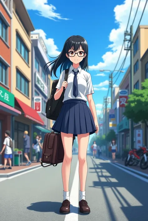 masterpiece, best quality, Super detailed, illustration,, (Well equipped:1.4), 1 girl, Glasses, Large Breasts, tie, skirt, Bags, Uniforms, black hair, outdoor, road, between breasts, street, school Bags, ground vehicle, Community, Japan,,  