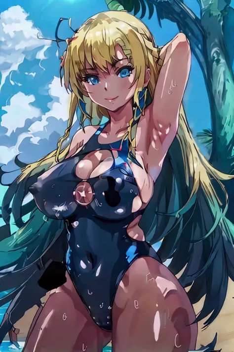 1girl, Kurashiki Reina, breasts, swimsuit, blonde_hair, solo, long_hair, blue_eyes, outdoors, navel, one-piece_swimsuit, cleavage, smile, looking_at_viewer, beach, day, sky, large_breasts, armpits, huge_breasts, thighs, black_one-piece_swimsuit, blue_sky, ...