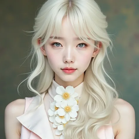 Ives Jang wonyoung blonde wearing pink and white garments portrait photo