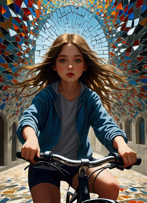 1 girl riding a bicycle, A mosaic of shattered mirrors reflects fractured identities, exploring the complexities of self-perception.masterpiece：1.2，4K，Ultra-fine，lifelike，Vivid colors，Studio Lighting，Physical Rendering，Surrealism，