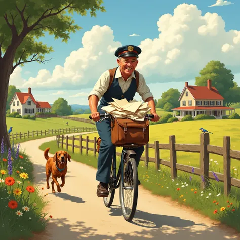 postman delivering by bicycle, good old american landscape illustration, somewhat humorous, pastoral, Norman Rockwell style,