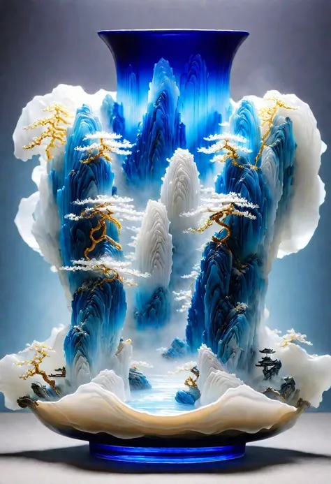 Micro landscape pattern carved on blue and white porcelain vase，Translucent glass material,Blue-white gradient,Traditional Chinese landscape painting,Abstract shapes,Minimalism,cave，3d。water vapor，White mist，Thick fog，