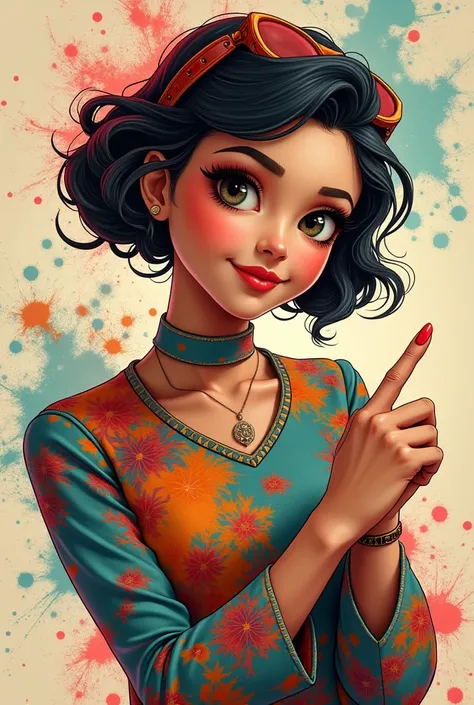 Beautiful stylish, fashionable girl looks at the viewer in a funny way with a facial expression, questioningly, smiling , funny with a question when? points with their finger at the entry above, interpretation of styles and beauty, by boris vallejo, Albert...