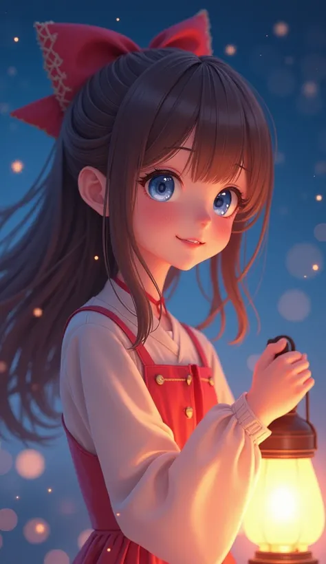 (extremely delicate and beautiful: 1.2), 1girl, bangs, blue eyes, blur, blur background, bow, brown hair, shut up, side view, hair between eyes, hair bow, lantern, light particles, long sleeves, look looking at audience, medium hair, night, red bow, solo, ...