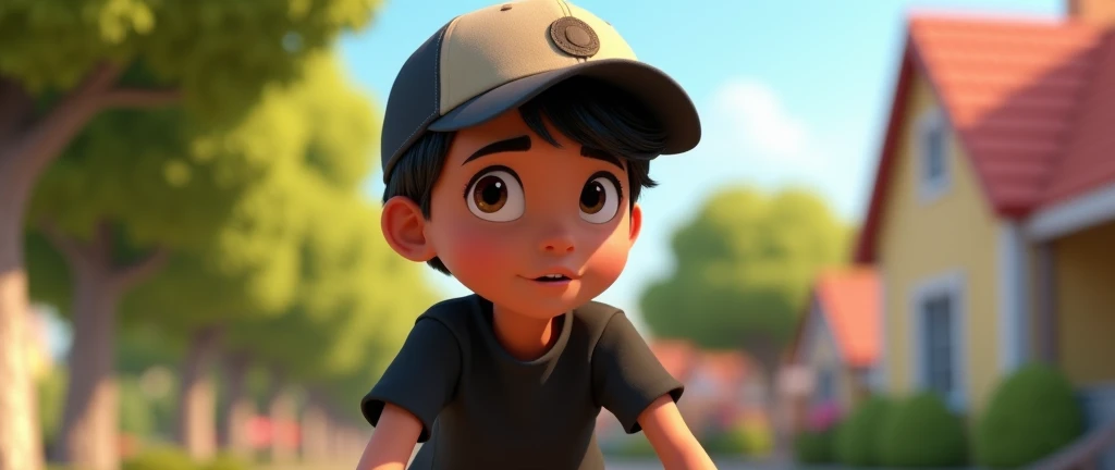 ( male character) a young boy animated film in the Disney Pixar style, high qualiy, best quality , pretty face dark skin, short and straight hair , beautiful eyebrow , wears black shirt , wears a cap backwards, Shes biking to her friends house in the neigh...