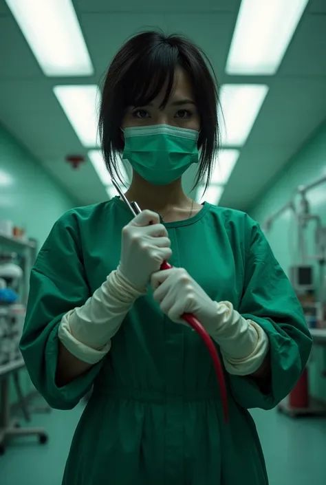 1girl, makima (chainsaw man) ((dressed like a surgeon)) ((wearing a green surgical gown a green surgical mask and long white surgical gloves)) ((shes holding a scalpel and has blood on her gloves and surgical mask)) ((the background is an operating room))