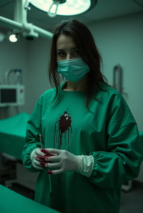 1girl, makima (chainsaw man) ((dressed like a surgeon)) ((wearing a green surgical gown a green surgical mask and long white surgical gloves)) ((shes holding a scalpel and has blood on her gloves and surgical mask)) ((the background is an operating room))