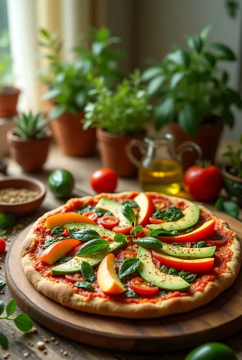 Plant-based pizza with vegetables, fruits, and healthy ingredients.