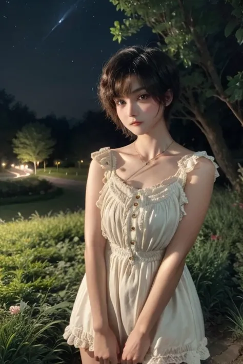 Girl, very short hair, Very curly, Whole body, very detailed face, short dress, shows her legs, at night, trees in the distance, you can see the stars, flowers shine, with one hand on his chest,