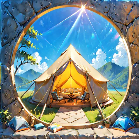 Glamping、symbol、Three-dimensional、Shine、Shine、gold、The background is blue sky