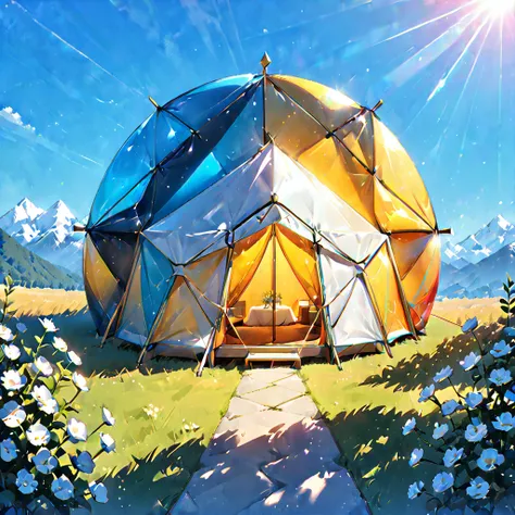 Glamping、symbol、Three-dimensional、Shine、Shine、gold、The background is blue sky