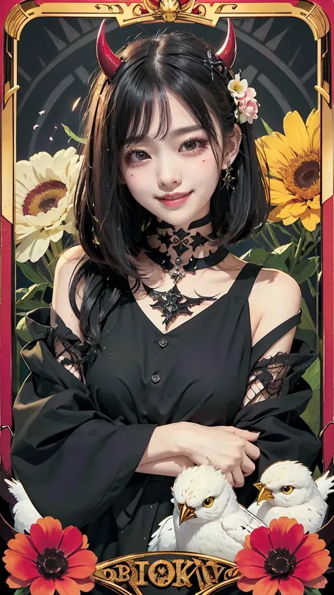 Realistic、masterpiece、Highest quality、Highest quality、Tarot Card Style、Background with colorful flowers and birds、One Woman、Devilish image、Upper body photo、Gothic punk costumes、(Black Hair, Long Hair:1.2)、Natural Makeup、Draw lots of eyelashes、Deep orange b...