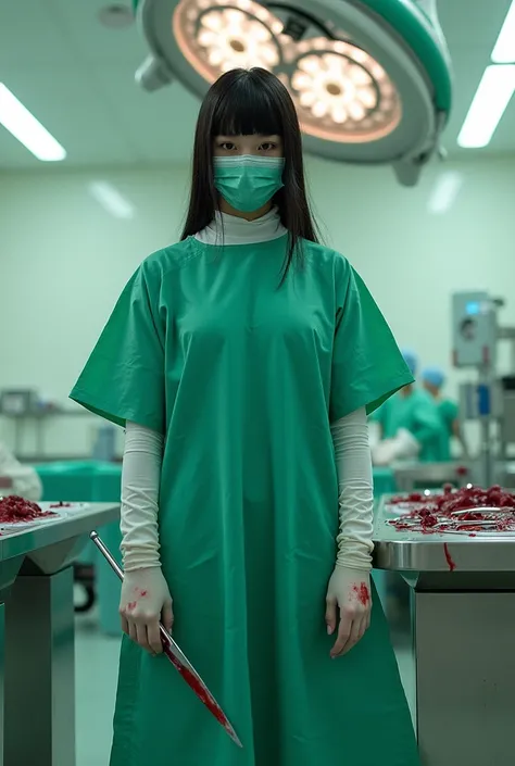 1girl, makima (chainsaw man) ((dressed like a surgeon)) ((wearing a green surgical gown a green surgical mask and long white surgical gloves)) ((shes holding a scalpel and has blood on her gloves and surgical mask)) the background is an operating room