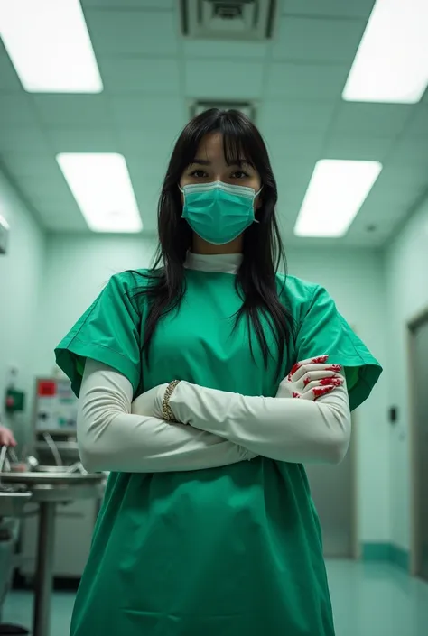 1girl, makima (chainsaw man) ((dressed like a surgeon)) ((wearing a green surgical gown a green surgical mask and long white surgical gloves)) ((shes holding a scalpel and has blood on her gloves and surgical mask)) the background is an operating room