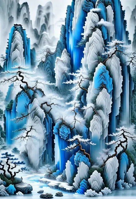 Micro landscape pattern carved on blue and white porcelain vase，Translucent glass material,Blue-white gradient,Traditional Chinese landscape painting,Abstract shapes,Minimalism,cave，3d。water vapor，White mist，Thick fog，