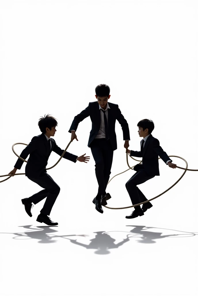 Please depict a silhouette of Japanese high school boys doing double dutch.。The background should be white。
Double Dutch is a jump rope game using two ropes。