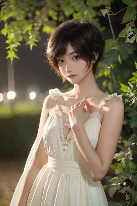 Girl, very short hair, Very curly, Whole body, very detailed face, short dress, shows her legs, at night, trees in the distance, you can see the stars, flowers shine, with one hand on his chest,